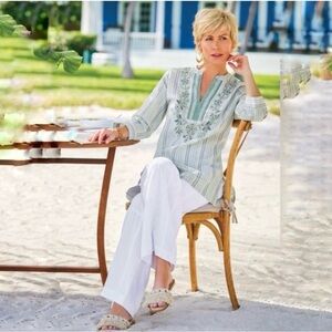 Soft Surroundings Pants Tiered Wide Leg Size Medium White Cotton Lagenlook